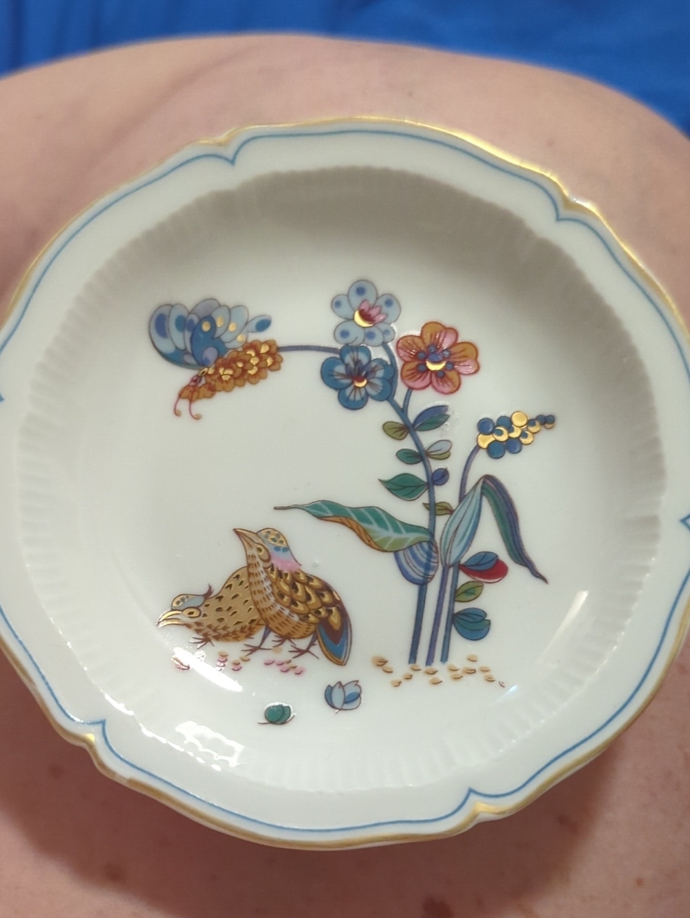 Haviland White Porcelain Dish with Blue, Gold and Multicolor Floral Bird Motif